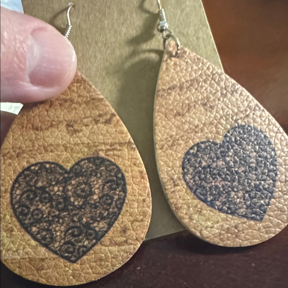 Faux Leather Brown Heart Earrings - Picture 4 of 4
